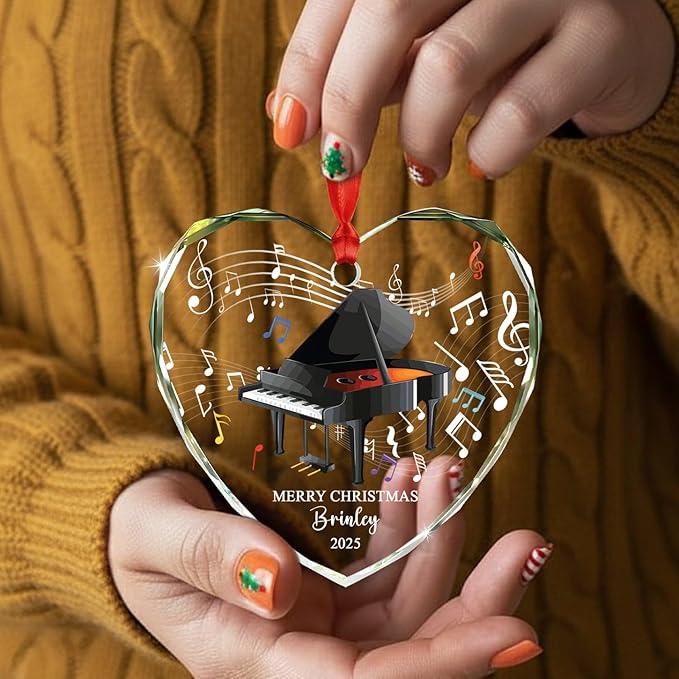 Unique Piano Glass Christmas Ornament Gift for Daughter Son Brother Sister Kids, Customized Year Text Name Piano Player Pianist Keepsake Ornaments, Personalized Piano Instrument Glass Xmas Ornament