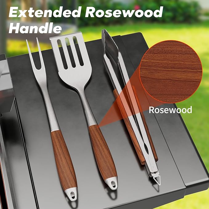 ENLOY Heavy-Duty Barbecue Grilling Tools Set, Outdoor Grill Accessories with Spatula, Fork & Tongs, Extended Rosewood Handle & Food-Grade Stainless Steel for Barbecue & Grill, 3Pcs BBQ Tools for Men