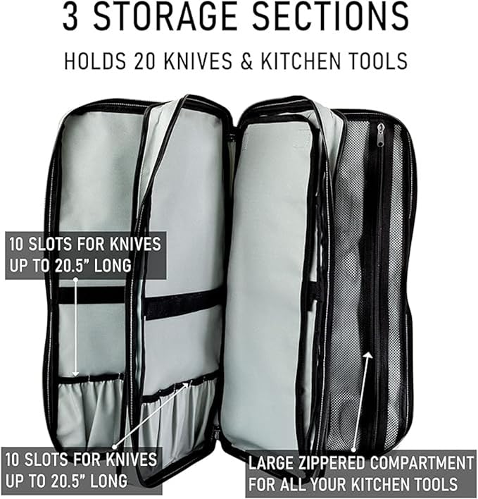 EVERPRIDE Chef Knife Bag Holds 20 Knives PLUS Large Zippered Compartment for Kitchen Tools – Durable, Large Knife Bag for Chefs – Knives Not Included