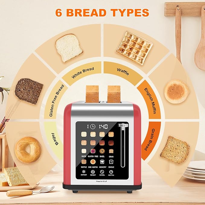 2 Slice Toaster Touch Screen, Stainless Steel Toasters Digital Timer 2 Slot Toasters, 8 Shade Settings 6 Bread Types for Bagel, Cancel, Defrost (Red)