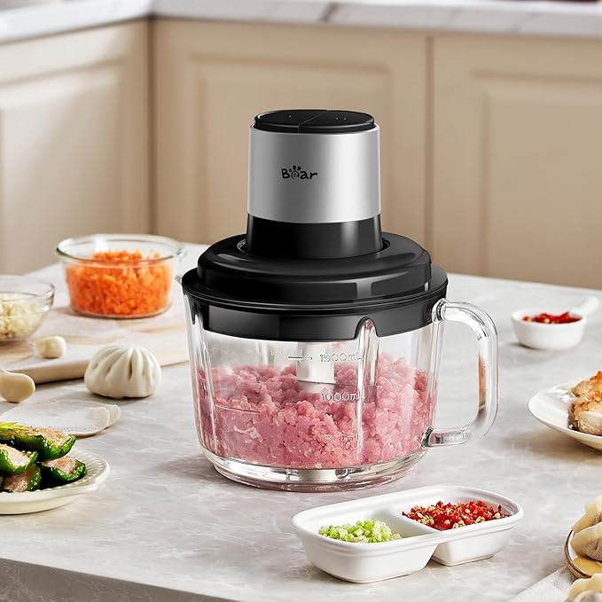 Bear Food Processor, Electric Food Chopper with 8 Cup/2L Handheld Glass Bowls, No-Hole 4 Bi-level Stainless Steel Blades for Easy Cleaning, 2 speed 400W Power Motor Grinder for Meat, and Baby Food