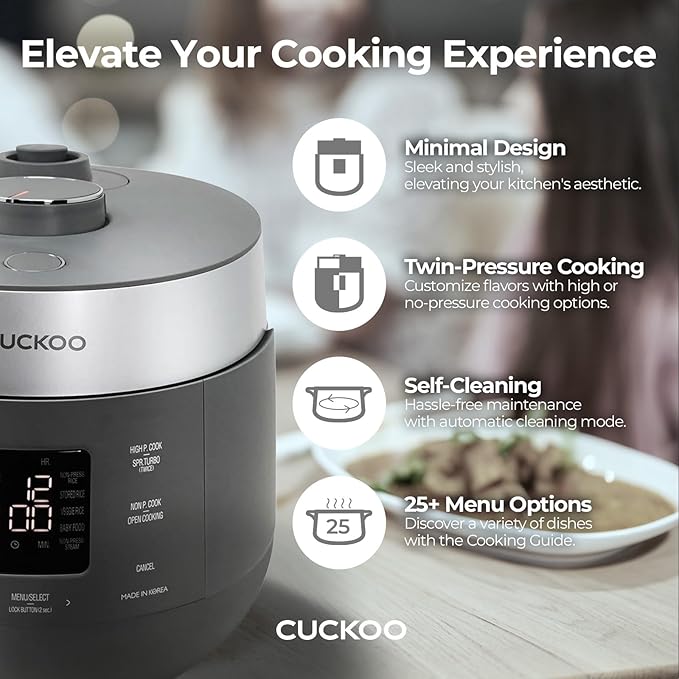 CUCKOO Twin Pressure Rice Cooker 6-Cup Uncooked / 12-Cup Cooked with Nonstick Inner Pot, Versatile Rice Maker & Warmer with 16 Menu Options, Open Cooking Mode, Voice Guide, Gray (CRP-ST0609FG)