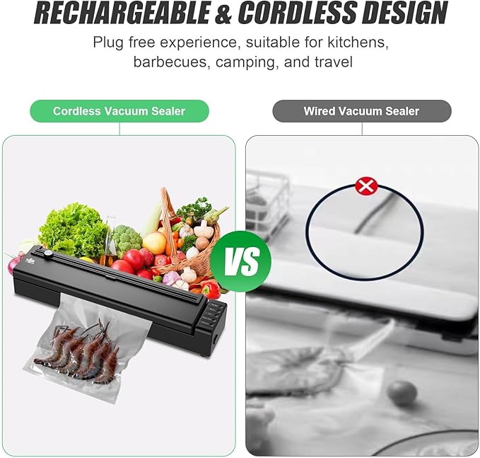 Etunia Vacuum Sealer, Cordless Rechargeable Vacuum Sealer Machine for Dry/Moist Food Storage to Extend Fresh, With Manual Vacuum, 1 Air Hose for Food Containers, Bag Cutter and 10 Vacuum Sealer Bags