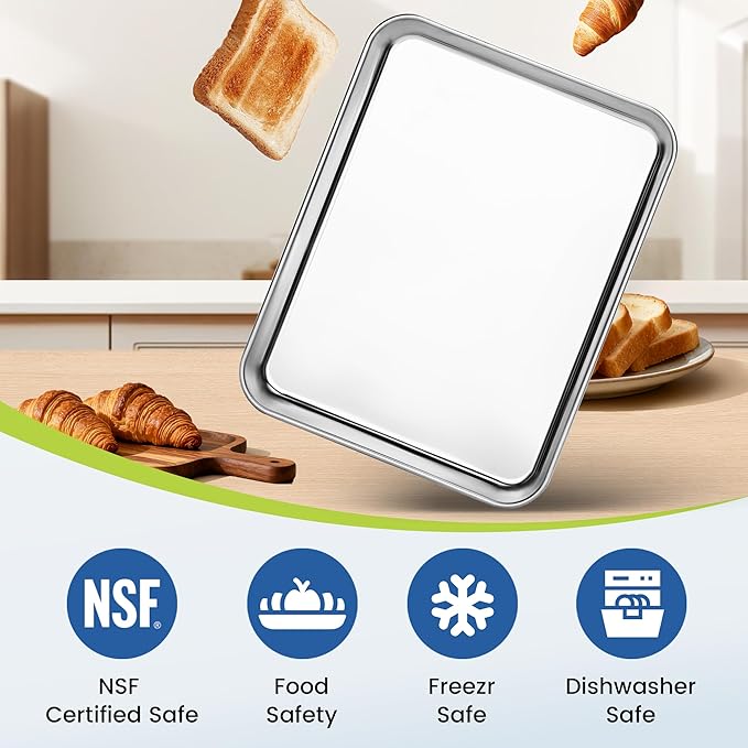 6 Pack Stainless Steel Baking Sheet Pans, 10.5" L × 8" W × 1" H Cookie Sheets for Toaster Oven, Rust-Resistant, Dishwasher Safe