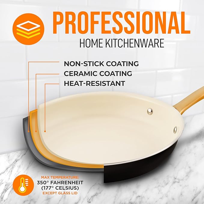 NutriChef 10" Medium Ceramic Fry Pan - Non-Stick Ceramic Coated Skillet with Stylish Titanium Handle, Durable, Easy to Clean, Professional Cookware