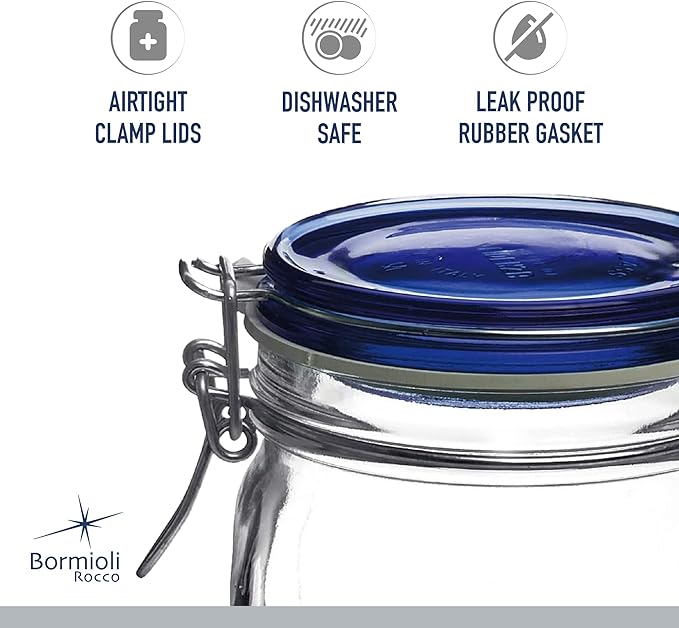 Bormioli Rocco Fido Collection, 2 Pack, 67.75 Oz. Food Storage Glass Jars, Airtight Rubber Seal & Glass Lid, With Stainless Wire Clamp,Made In Italy.