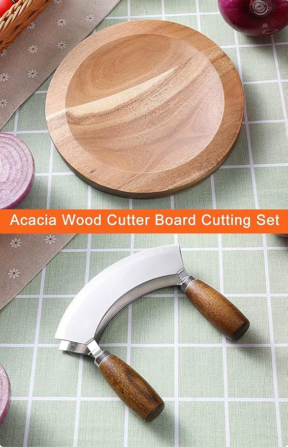 MEZZALUNA KNIFE AND CUTTING BOARD – Double Blade herb chopper ULU Knife with 8 inch Recessed Board Set– For Efficient Mincing Nuts n Veggies