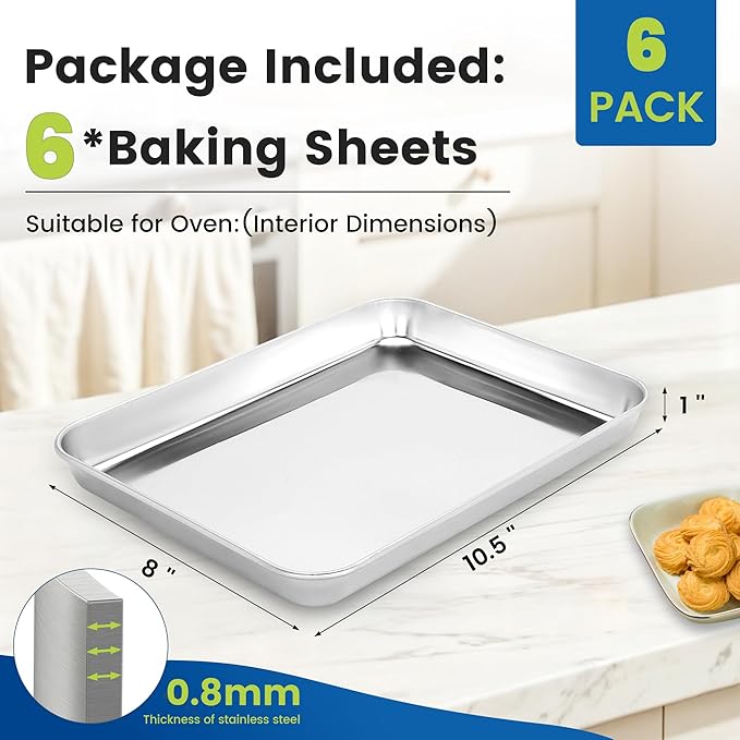 6 Pack Stainless Steel Baking Sheet Pans, 10.5" L × 8" W × 1" H Cookie Sheets for Toaster Oven, Rust-Resistant, Dishwasher Safe