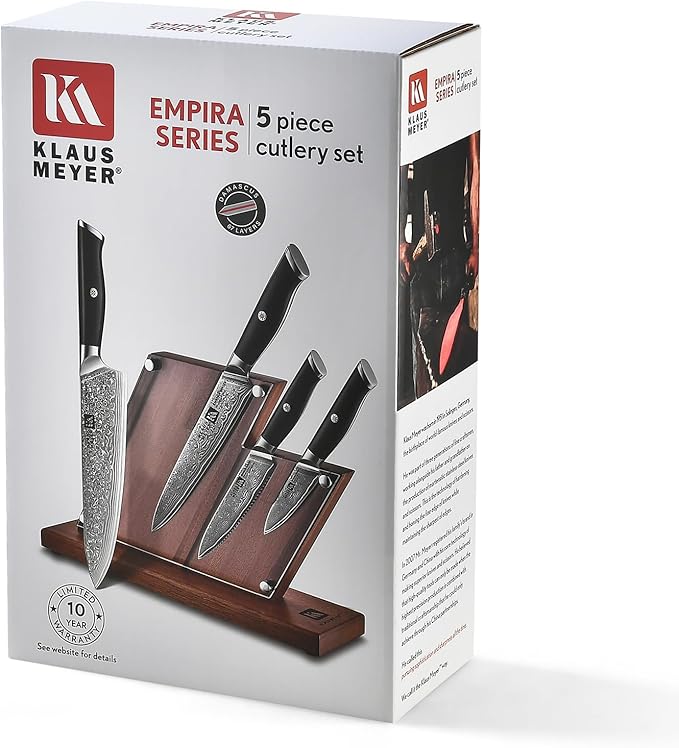 Klaus Meyer 5 Piece Damascus Knife Block Set, 67-Layer High Carbon Damascus Steel, Ultra-Sharp Kitchen Knife Set with Magnetic Wooden Block