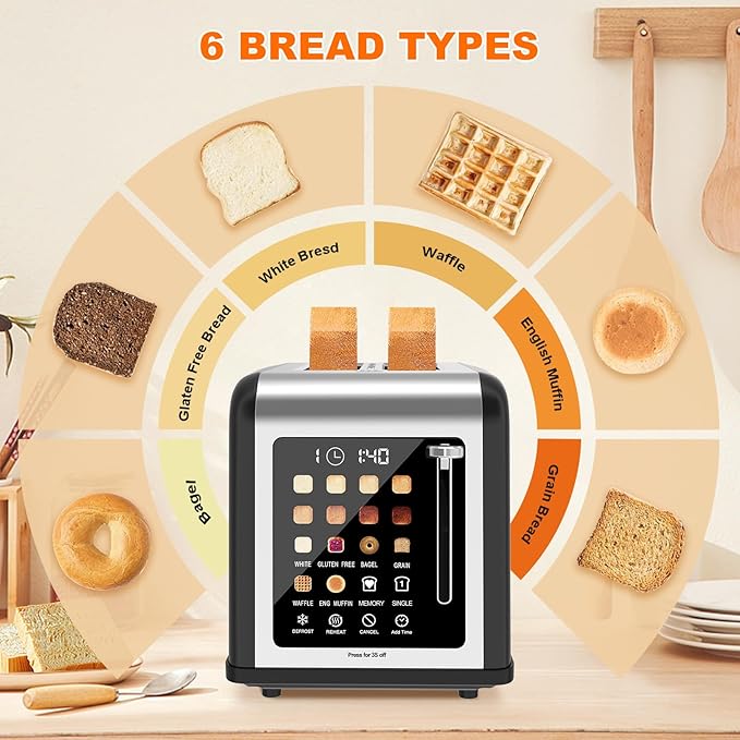 2 Slice Toaster Touch Screen, Stainless Steel Toasters Digital Timer 2 Slot Toasters, 8 Shade Settings 6 Bread Types for Bagel, Cancel, Defrost (Black)