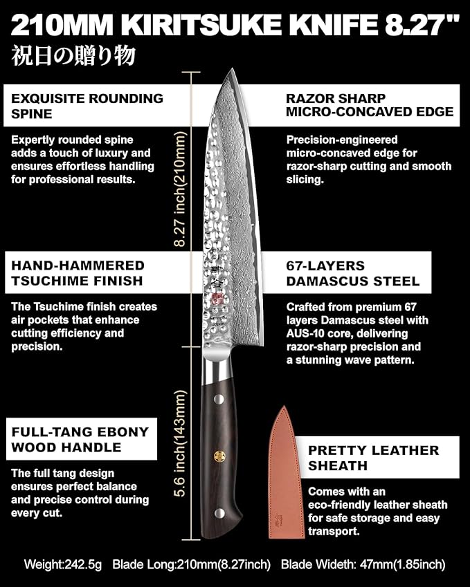 Japanese Chef Knife Kitchen Knife with 67 Layers Damascus Steel AUS-10 Core, Professional Damascus Knife with Full-Tang Ebony Wood Handle and Premium Gift Box(8.27 Inch Kiritsuke Knife)