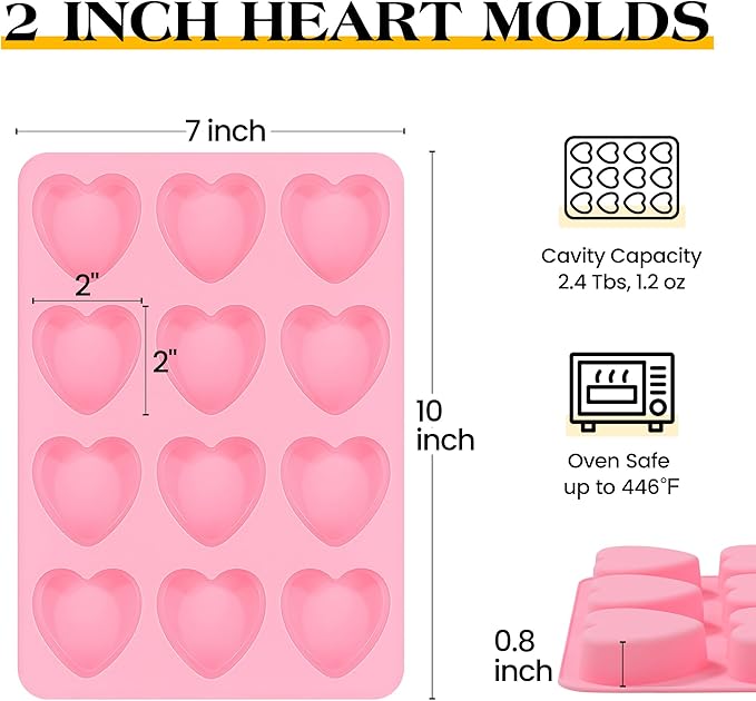 2 Inch Heart Shaped Silicone Molds for Chocolate, Candy, Gummy, Soap (Set of 2, Pink)