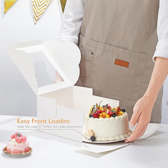 Small Cake Boxes 8 Inch with Window, 10 Set Bakery Boxes with Cake Boards & Stickers, Cupcake Box for Birthday, Party, Wedding, Mother's Day, Valentine's Day, Christmas（8x8x5 inch）