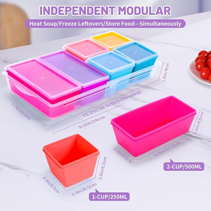 Gemice BPA-Free Silicone Freezer Molds with Base, Individual 6-Pack 1-Cup & 2-Cup Portion Soup Cubes Freezer Tray with Lids for Food Storage, Dishwasher Safe, Silicone Freezer Containers for Meal Prep