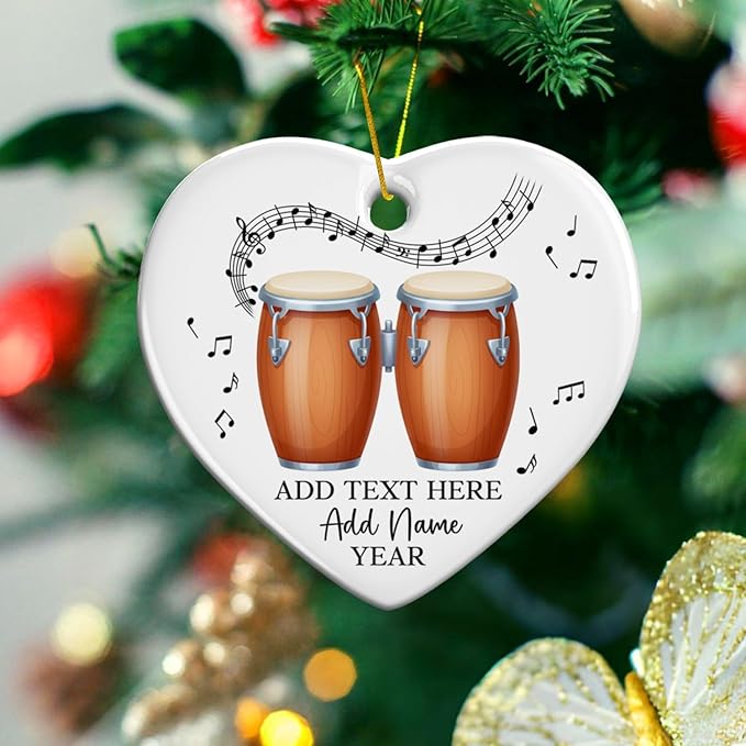 Bongo Drums Ceramic Ornament Gift for Music Band, Personalized Drummer Xmas Tree Ornaments with Text Name Year, Custom Bongo Drums Player Christmas Ornament 2025, Instruments Xmas Keepsakes