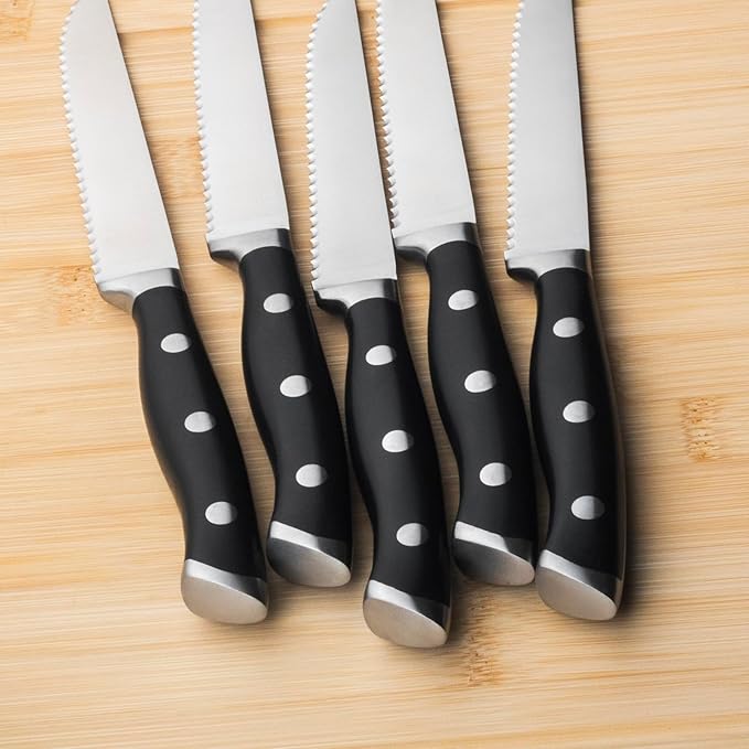 Alata 6-Piece Steak Knives Set with Block, 4.7 Inch with Serrated Edge Razor-Sharp Dinner Knives, Full-Tang Construction, Dishwasher Safe