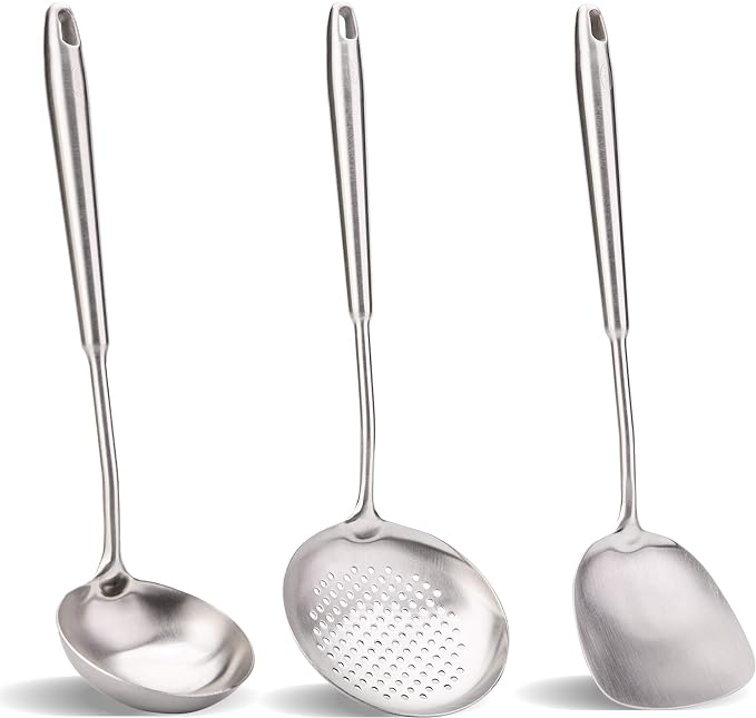 Wok spatula and ladle,Skimmer Ladle Tool Set, Chinese Wok Utensil Set, All metal 304 Stainless Steel Cooking Utensils(15in,15in,14in)
