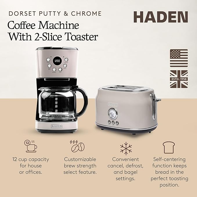 Haden 12 Cup Programmable Drip Coffee Maker Coffee Machine Bundled with Dorset 2 Slice Wide Slot Stainless Steel Toaster, Putty & Chrome