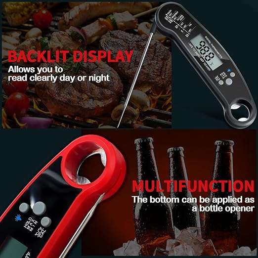 Leelosp 3 Pcs Digital Meat Thermometer with Probe Waterproof Fast Read Food Thermometer Kitchen Grilling Cooking with Backlight Magnet and Calibration for Baking BBQ(Red, Black)