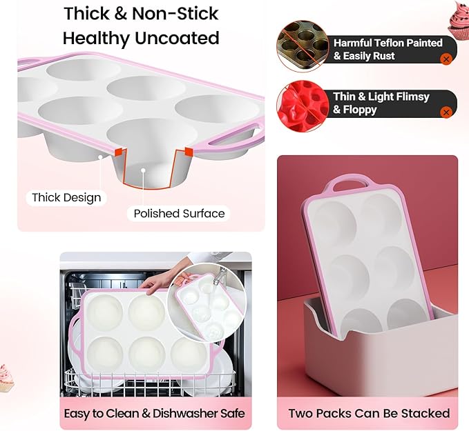 Silicone Jumbo Muffin Pan with Metal Frame, Non Stick Food Grade Silicone Large Muffin Pan, with Handles 6 Cup,BPA-Free and Dishwasher Safe, Jumbo Cupcake Pans - 2 Piece Pink