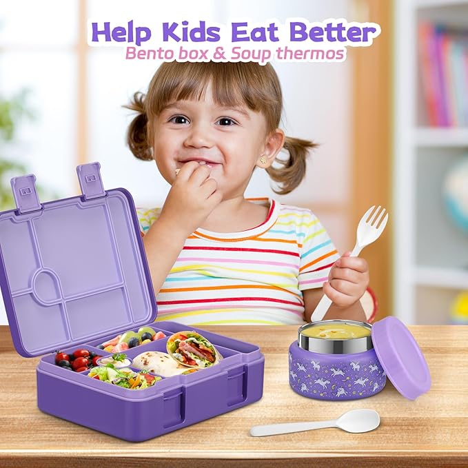 Bento Lunch Box Kids and 9oz Soup Thermos – 5.5-Cup Leakproof Kids Bento Box with Ice Pack & 9oz Insulated Food Jar – Hot & Cold Food Lunch Container for Boy Girl School, Purple Set