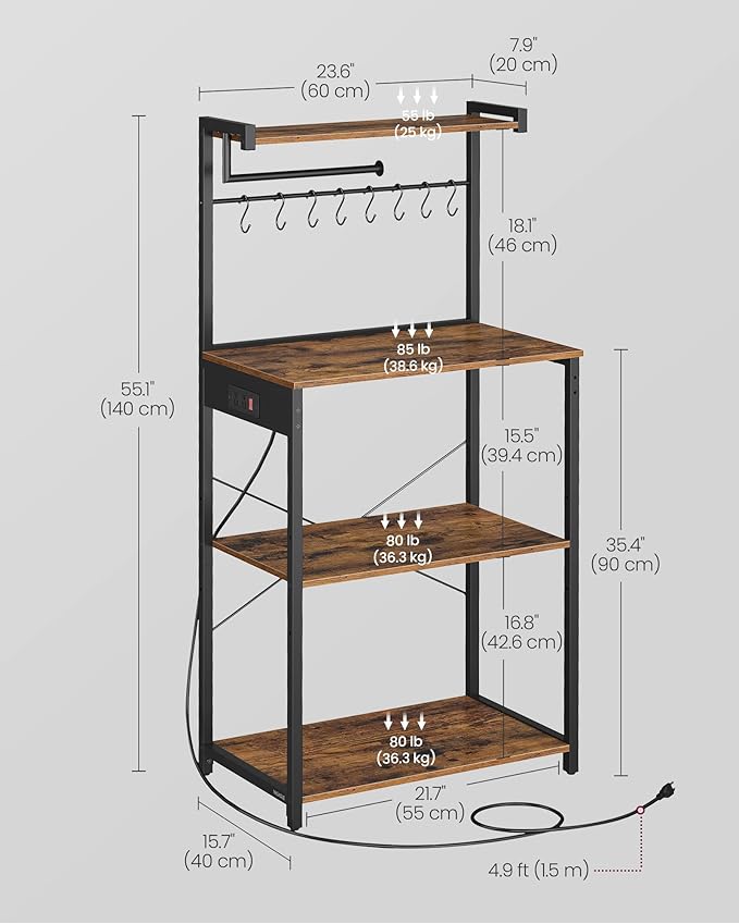 VASAGLE Kitchen Bakers Rack with Power Outlet, Coffee Bar 4-Tier with 8 S Hooks, Microwave Stand, Adjustable Shelf, for Small Spaces, Rustic Brown and Ink Black UKKS014K01V1