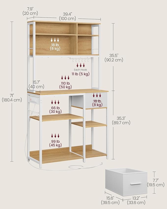 VASAGLE Bakers Rack with Charging Station, Coffee Bar with Adjustable Storage Shelves, Fabric Drawer, 12 Hooks, 15.7 x 39.4 x 71 Inches, Kitchen Microwave Stand, Golden Oak and Cloud White UKKS027Y01