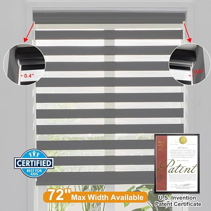 Persilux Cordless Zebra Blinds for Windows (34" W X 64" H, Black) Free-Stop Windows Shades Dual Layer Light Control for Day and Night, Light Filtering Sheer Shades for Home, Easy to Install