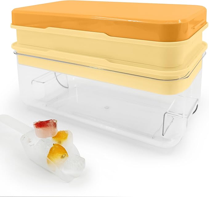 Satax Silicone & Plastic Ice Cube Trays with Lids and Bin - Durable, BPA-Free, Easy Release, Perfect for Cocktails, Coffee & More (2, yellow)