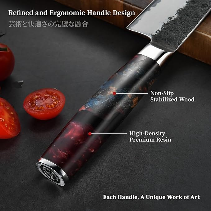 Japanese Chef Knife, 8 Inch Hand Forged Kitchen Knives with VG10 Steel, Professional Gyuto Knife for Home & Restaurant, Sanmai Chefs Knives with Ergonomic Red Handle, Cooking Gifts for Men Women