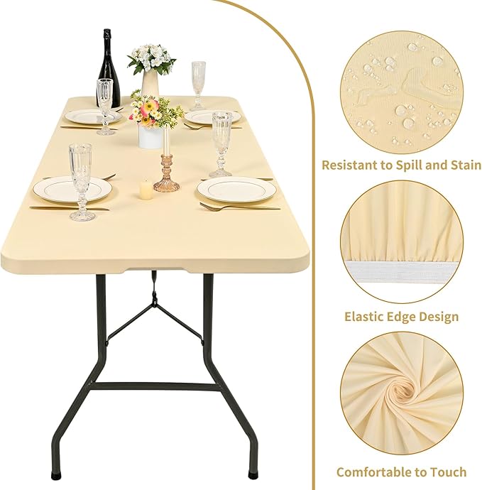 6 Pack Stretch Fabric Table Top Cap Cover, fits 8' Tables, Spandex Table Covers Washable Elastic Rectangle Tablecloth Protector for Indoor Outdoor Party Picnic Wedding, Beige, 30" W x 96" L