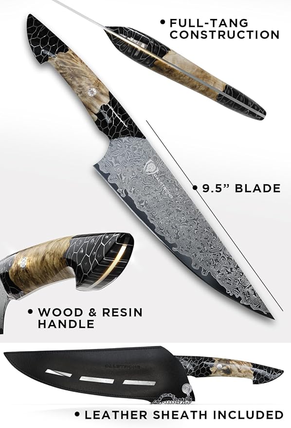 Dalstrong Chef Knife Professional- 9.5”-Scorpion Series - Venom Edition - Japanese Steel Chef Knife - Spiral Sandstorm Blade Pattern - Black Honeycomb Resin Handle - w/Chef KnifeSheath