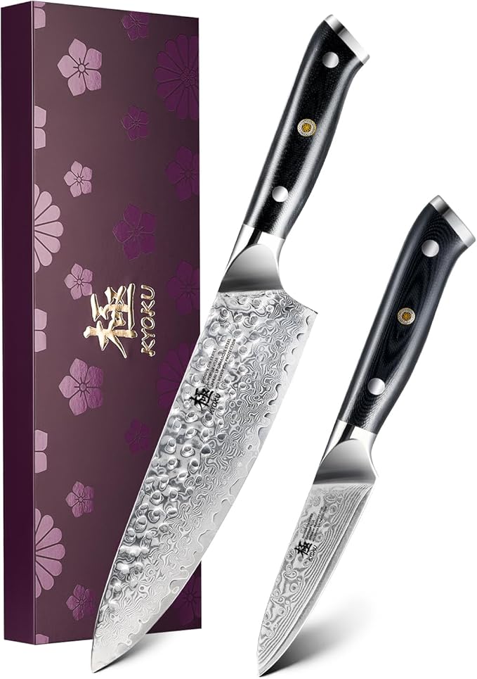 KYOKU Knife Set, 2pc Japanese Kitchen Knife Set for Cooking, 8" Chef 3.6" Paring Knife with Sheath Gift Box, Professional Sharp Damascus Stainless Steel Knives for Meat Vegetable Fruit