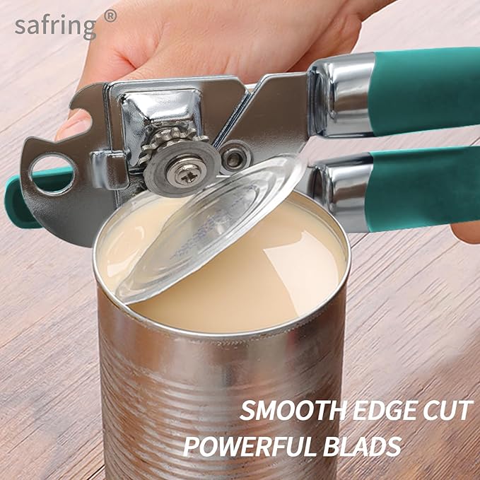 Can Opener Manual, Handheld Strong Heavy Duty Stainless Steel Can Opener, Comfortable Handle, Sharp Blade Smooth Edge, Can Openers with Multifunctional Bottle Opener, Aqua Sky