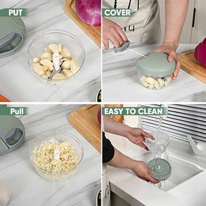 Manual Food Chopper, Garlic Chopper with Container, Vegetable Kitchen Cutter, Pull String Hand Food Processor Sharp Blades Mincer Shredder for Cutting Onions Chili Ginger Seasoning (Green-1, 500ml)