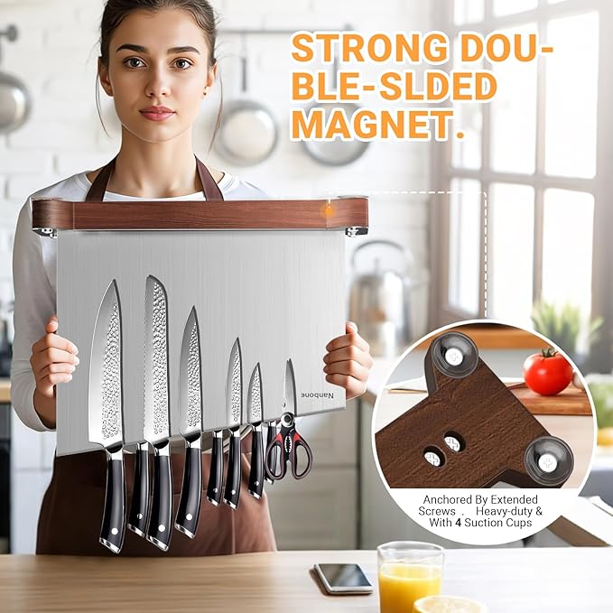 Magnetic Knife Block Without Knives Large Double Side Magnetic Knife Holder Stand with Strong Magnet, Stainless Steel Knife Storage Organizer for Kitchen Counter Knife Rack Three Magnet Strip