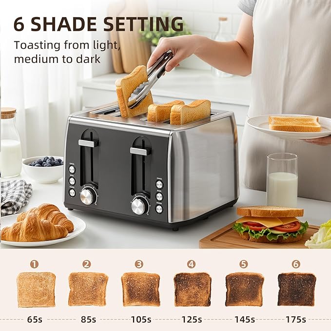 4 Slice Toaster, 6 Browning Settings, Removable Crumb Tray, Stainless Steel Bread Toaster for Bagels, Muffins, Waffles, Defrost, Cancel Button, 120V 1800W