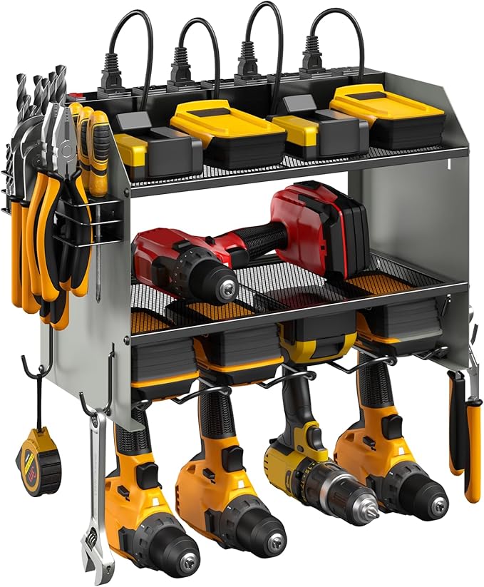 CCCEI Modular Power Tool Organizer Wall Mount with Charging Station. Garage Drill Storage Shelf with Hooks, Heavy Duty Rack, Tool Battery Holder Built in 8 Outlet. Gift for Men. Grey, 2 Pack.