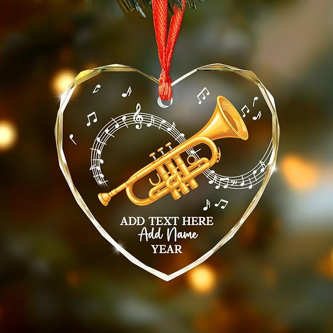 Personalized Text Name Year Trumpet Xmas Glass Ornaments, Trumpet Instrument Christmas Tree Ornament 2025, Trumpetist Christmas Ornament Gift for Men Women, Instrument Themed Xmas Decoration
