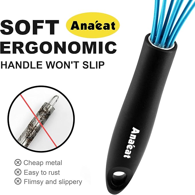 Anaeat Silicone Balloon Whisk, Perfect for Non-Stick Cookware, Milk and Egg Beater Blender, Heat Resistant Kitchen Whisks for Whisking, Cooking, Baking, Beating, Frothing & Stirring (Blue)