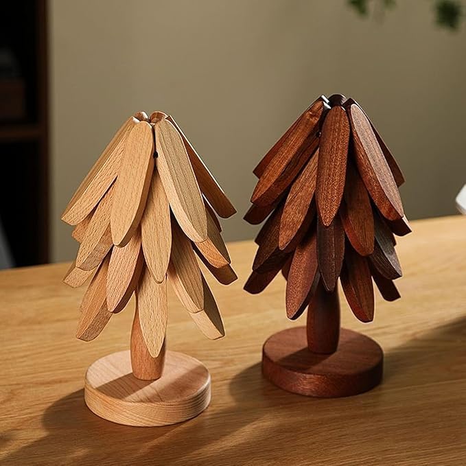 Natural Wood Tree Trivet Set, 𝐍atural Tree Trivet Set - 4 Wooden Trivets,4 Wooden 𝐓rivets & 1 Stand Like a Christmas Trees,for Hot Dish,Pot,Bowl,Teapot,Hot Pot Sets (2Color 4 Trivets,2set)