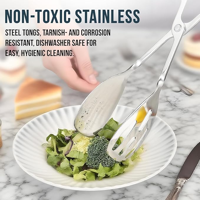 2-PACK Salad Tongs for Serving - Premium Stainless Steel Scissor-Style, Non-Toxic, Heat-Resistant Salad Servers, Dishwasher Safe, Ideal for Buffet and Party Use (Silver)