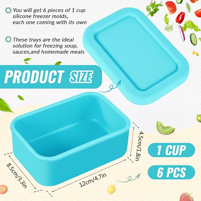6 Packs 1 Cup Silicone Soup Freezer Molds with Lid Silicone Soup Freezer Trays Rectangle Reusable Food Preserving Tray Freezing Sauces Stews(Lake Blue)
