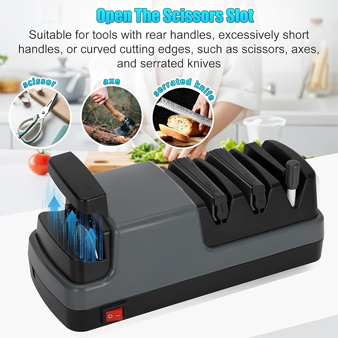 4-Stage Electric Knife Sharpener, For Kitchen Knives, Serrated Knives and Scissors, 100% Diamond Abrasive for Rapid Sharpening & Polishing, Grey Knife Sharpener