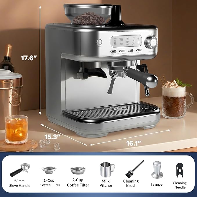 Garvee Espresso Machine with Grinder, 20 Bar Professional Coffee Maker for Home, Coffee Machine with High Power Milk Frother, Digital LCD, Stainless Steel (Single/Double Brew)