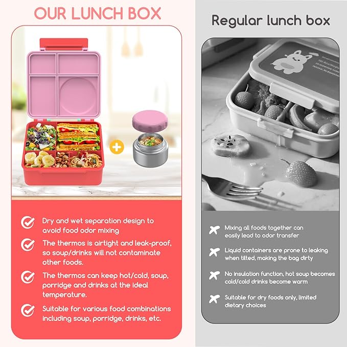 Bento Box for Kids - Leak-Proof Bento Lunch Box with Insulated Thermos Food Jar - 4 Compartments, 1 Removable Divider, 1Spoon, 1 Fork - Dishwasher Safe, BPA-Free (Pink)