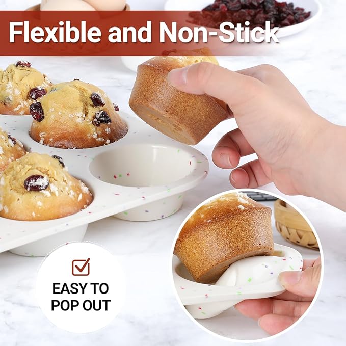 CAKETIME Silicone Muffin Pans for Baking, Regular 12 Cups and Mini 24 Cups Muffin Pan for Baking Egg Bites, Muffins, Cupcakes, Frittata Set of 2 Confetti