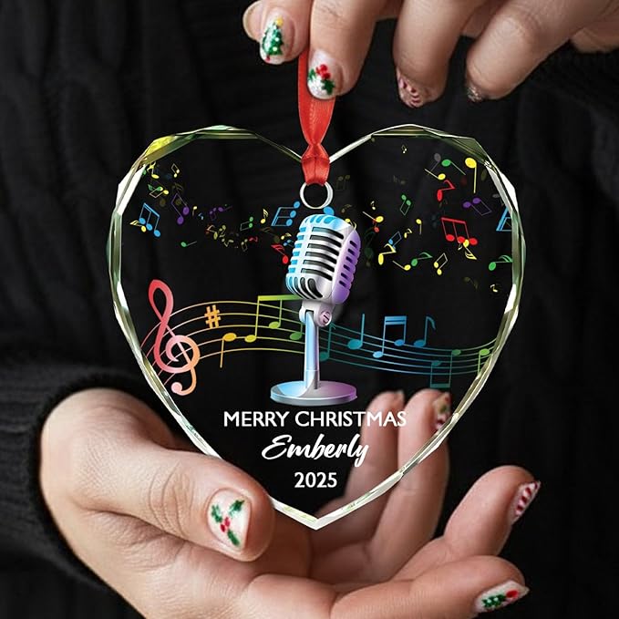 Personalized Micro Recording Glass Christmas Ornament, Customized Year Text Name Singer Singing Microphone Keepsake Ornaments Gift for Women Men Friends Besties, Vocalist Music Xmas Ornament Gifts