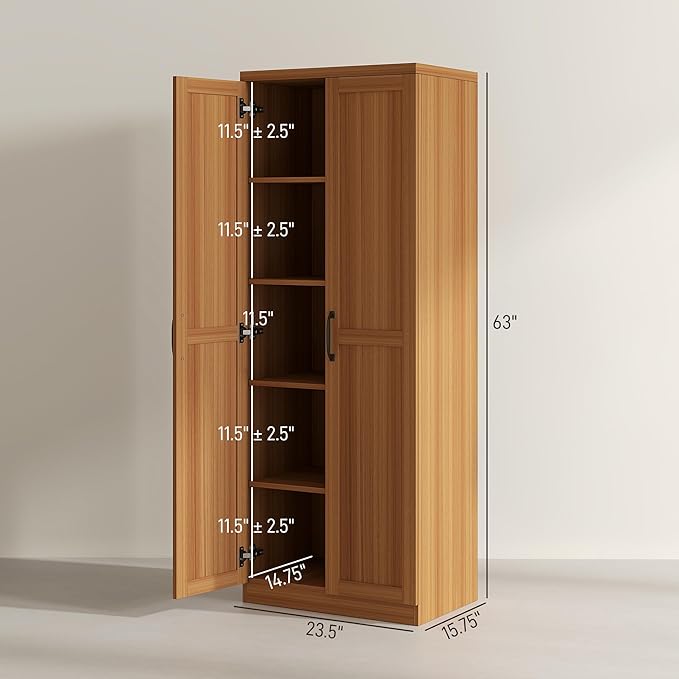 HOMCOM 63" 2-Door Kitchen Pantry, Freestanding Storage Cabinet with 5-Tier Shelving and 2 Adjustable Shelves for Dining Room, Teak Wood Grain