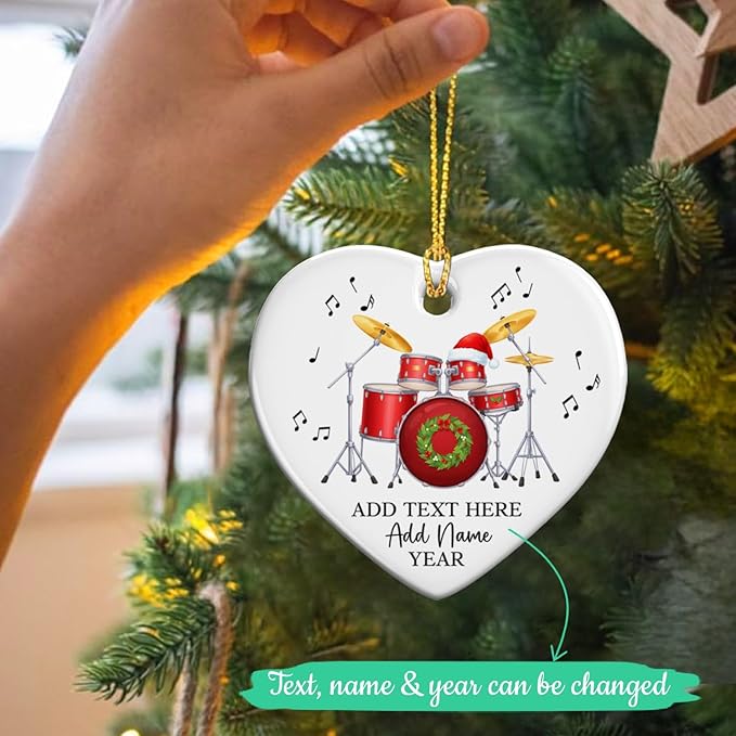 Personalized Drum Set Christmas Ceramic Ornaments 2025, Drummer Christmas Ornament for Men Women, Drum Xmas Tree Ornament with Custom Text Name & Year, Xmas Decor Gift for Drummer Band Music